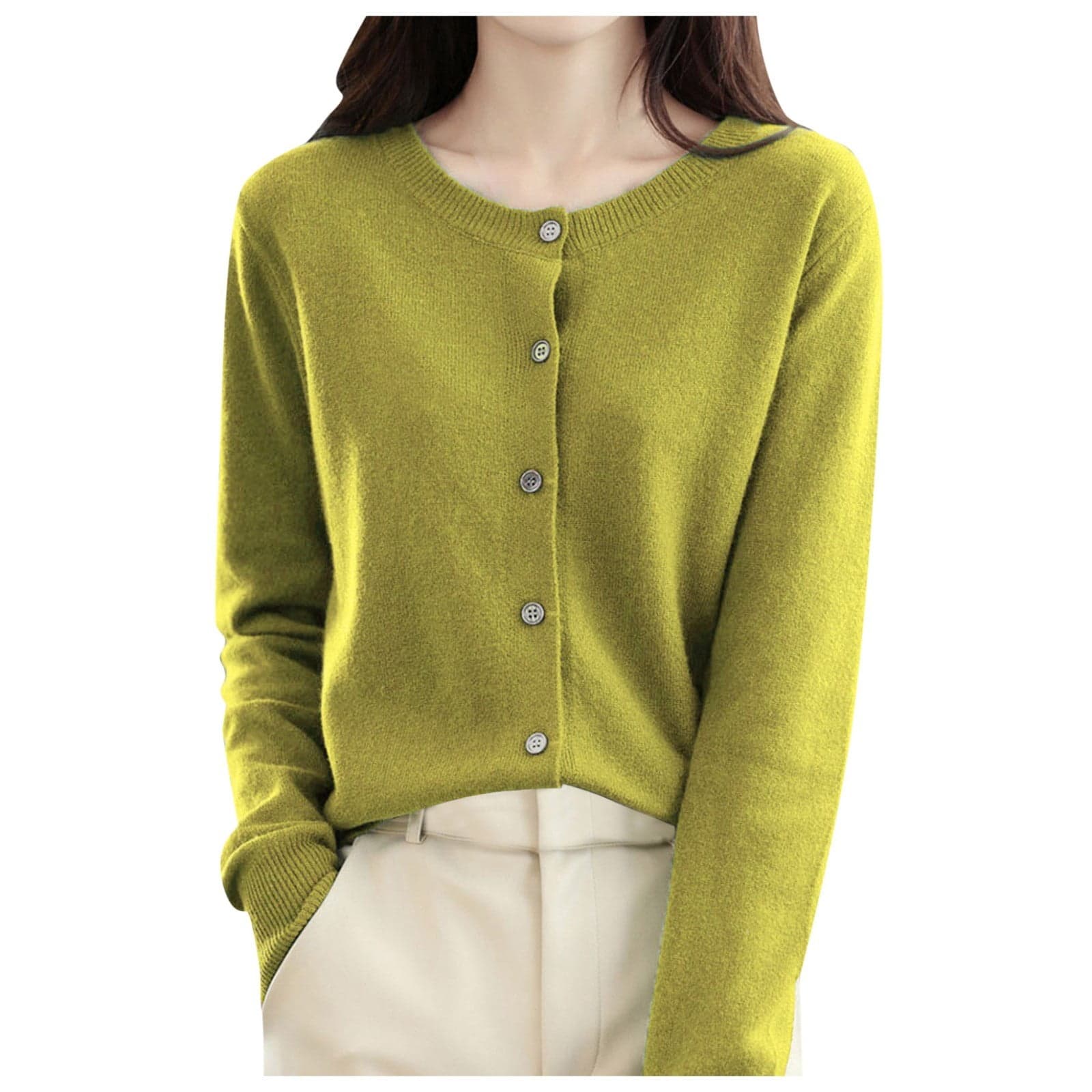 Women Knitted Spring and Autumn Round Neck Sweater Long Sleeve Solid Color All Cardigan Jacket Cardigan Sweaters for Women Light Green XL
