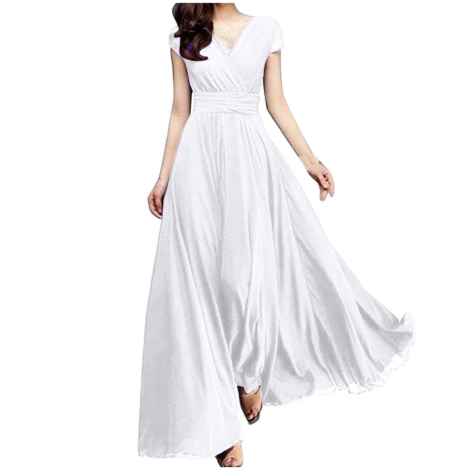 Maxi Dresses for Women 2025 Plus Size Clothings Women's V-Neck Solid Color Short Sleeve Chiffon Waist Closing Evening Dress