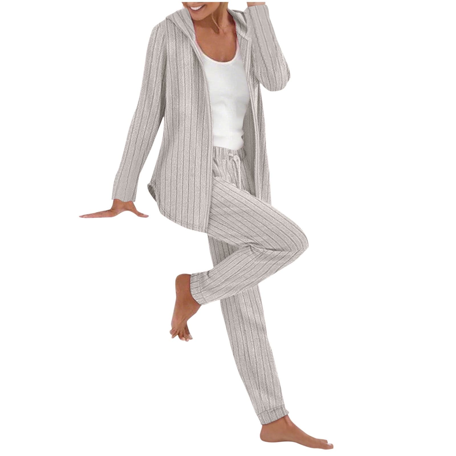 Womens 2 Piece Outfits Ribbed Knitted Sweatsuit Zip up Hoodie Coat and Pants Sleepwear Loungewear Sets