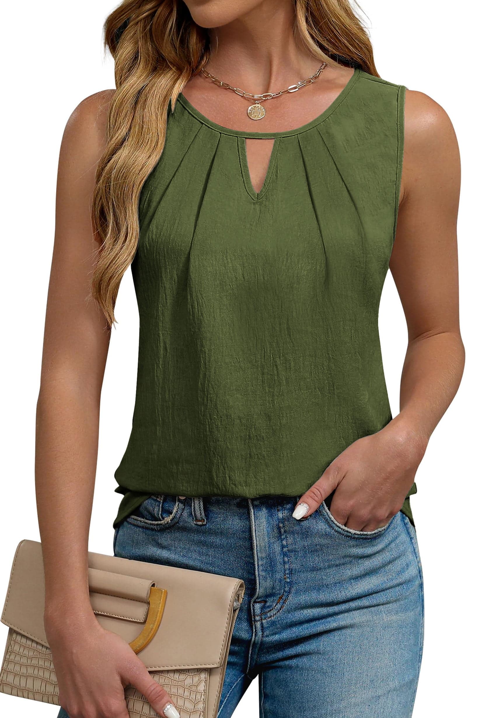 Dressy Tank Tops for Women Keyhole Pleated Sleeveless Blouses Business Casual Tops Work Shirts