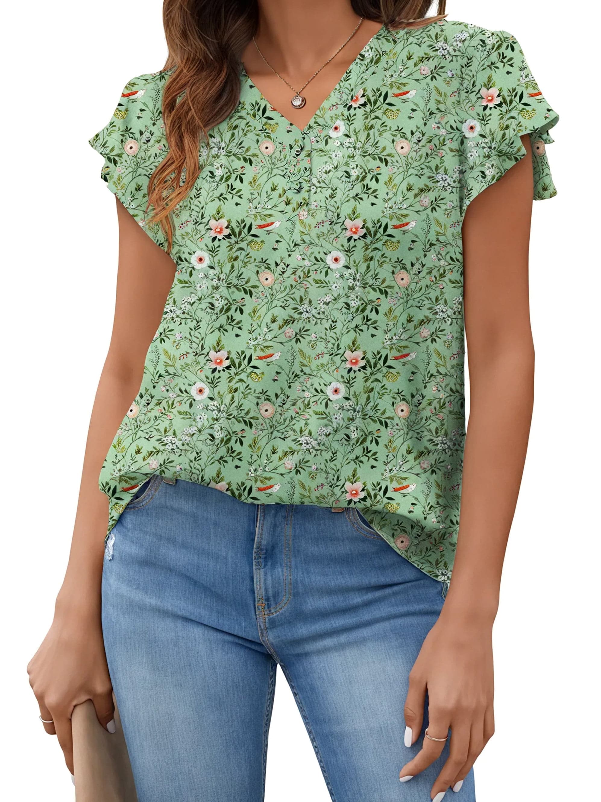 V Neck Womens Tops Dressy Ruffle Sleeve Shirts Button Up Tunic Summer Floral Blouses