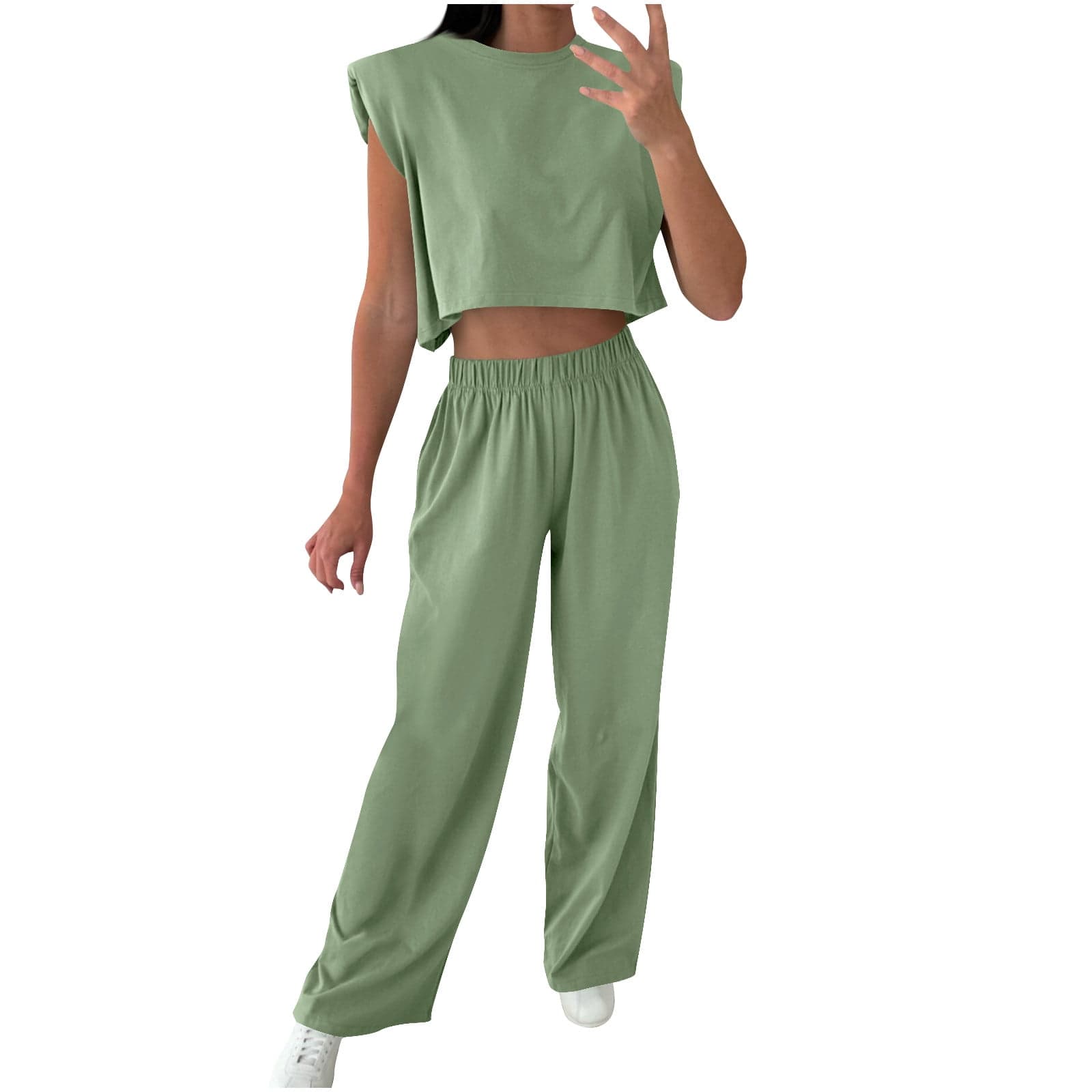 Fashion Outfits Set for Women Fall Matching Sets for Women Women's Casual Shoulder Padded Sleeveless Top and Pants Two piece Set Round Neck Top shirt Set my orders placed recently by me