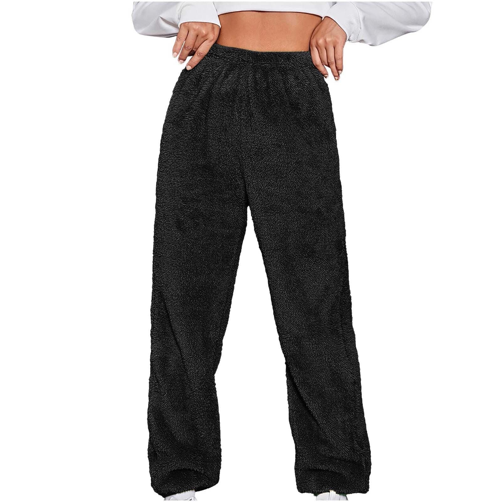 Fuzzy Fleece Pants for Women Soft Warm Faux Shearling Elastic Waist Loose Pajama Bottoms Plus Size Loungewear (3X-Large, Black)