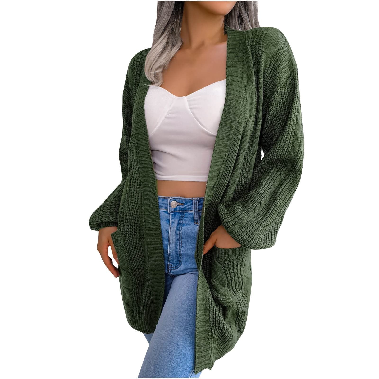 Sweater Cardigans for Women Open Front Solid Jacket Womens Loose Knitted Outwear Casual Comfy Girls Fall Fashion Tops Long Sleeve Army Green M