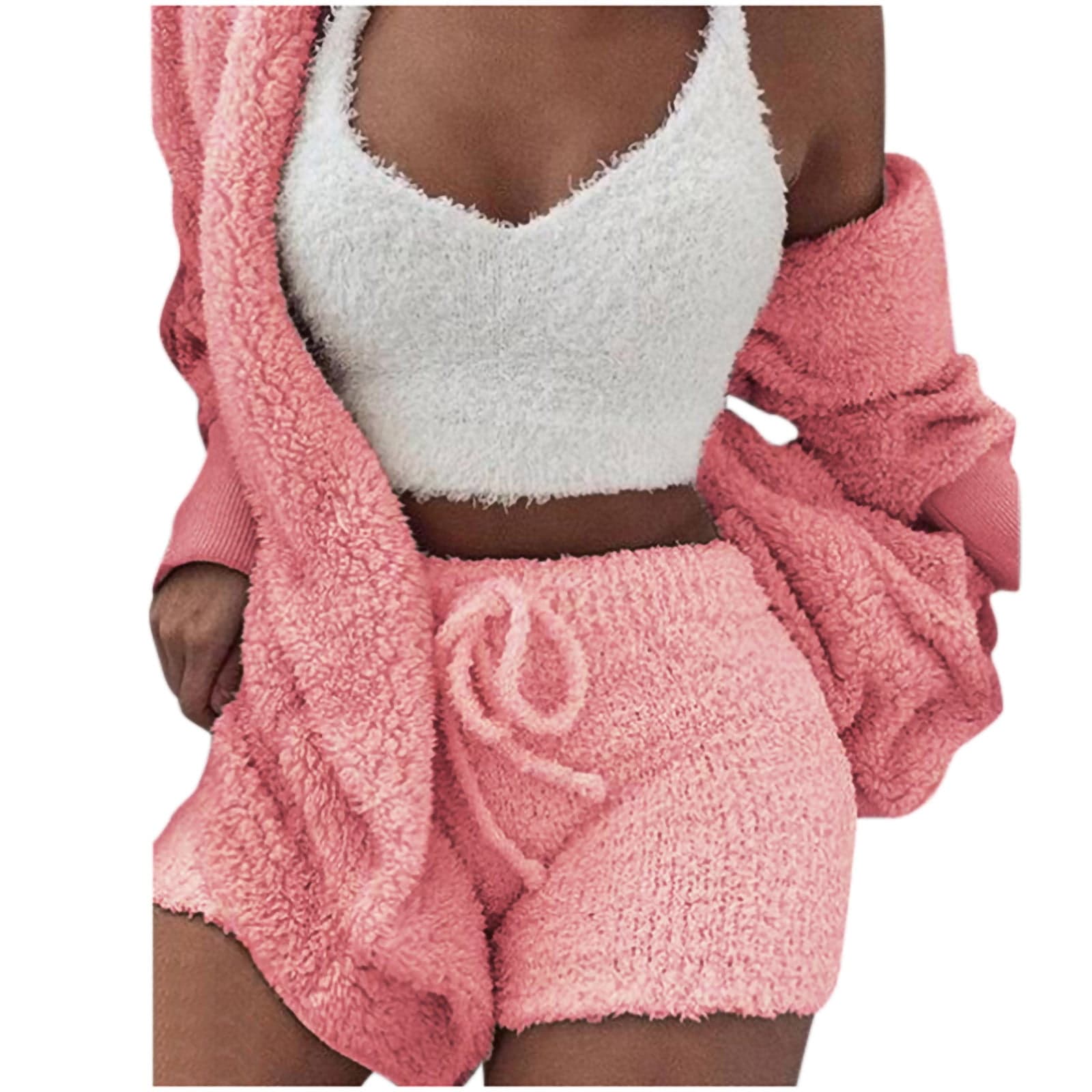 Women's Cozy Knit Set 3-Piece Outfits Fuzzy Fleece Warm Hooded Cardigan Crop Top Shorts Set Warm Pajamas Loungewear Pink M