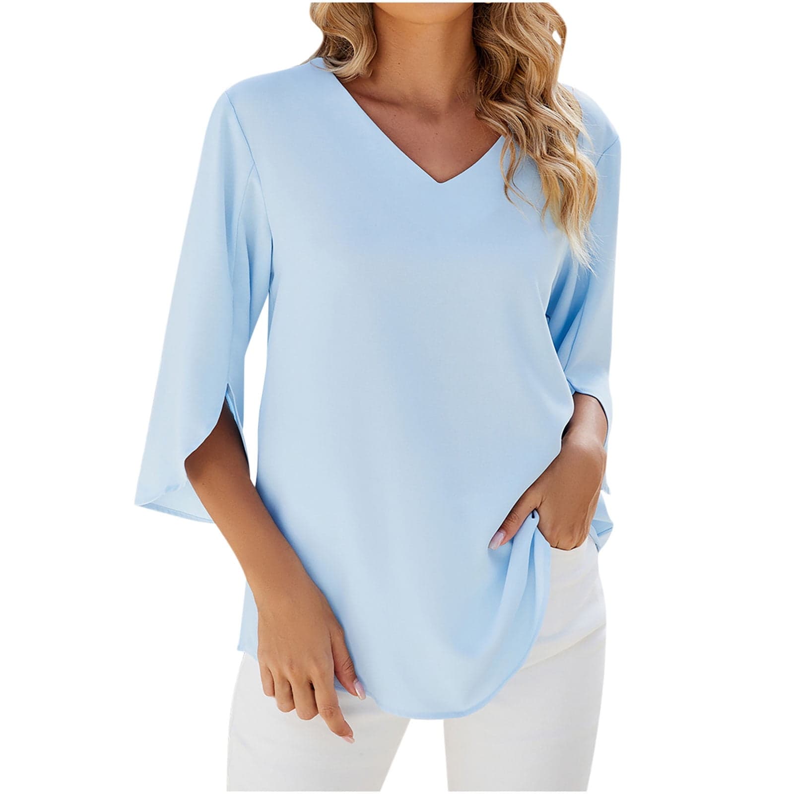 Women's Work Blouses 3/4 Sleeve Dressy Tops V Neck Casual Chiffon Tunic Blouses Business Shirts Top(Sky Blue,L)