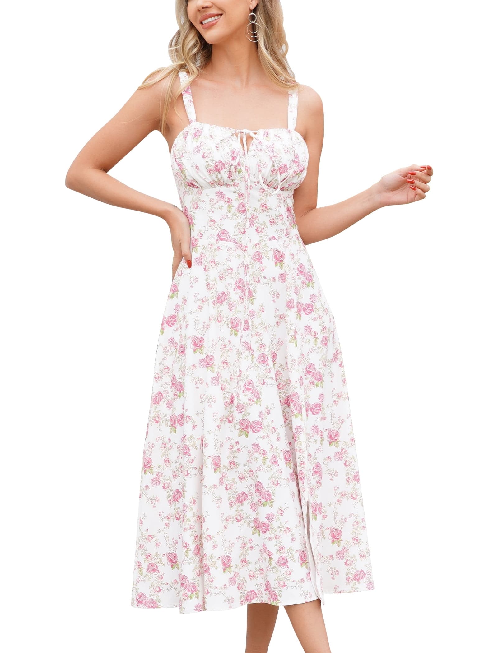 Women Floral Corset Dress Sleeveless Square Neck Spaghetti Straps Dress Boho Holiday Flowy Midi Bustier Sundress M White + Pink Floral