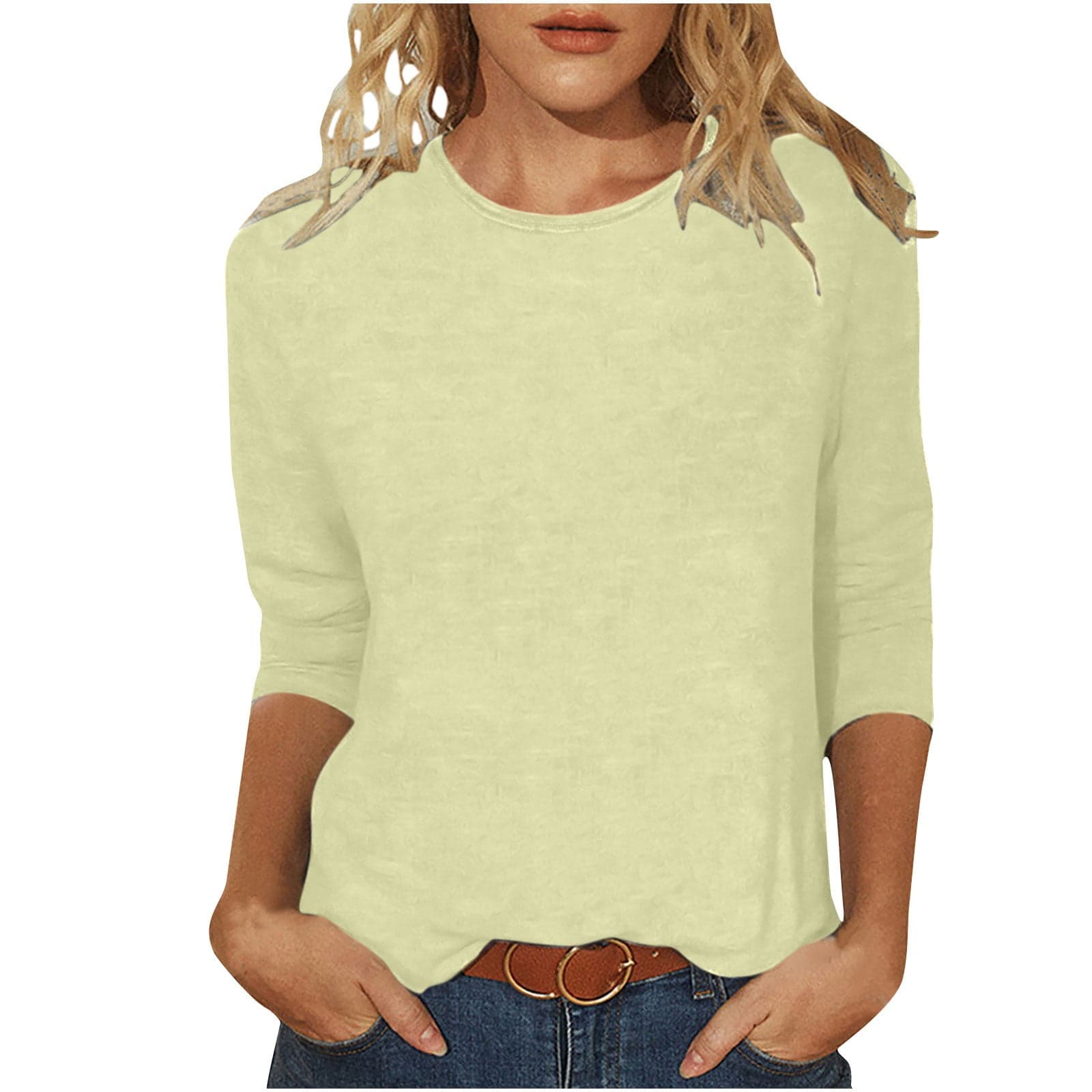 Womens Shirts 3/4 Sleeves Fashion Solid T-Shirt Mid-length Women's Three Quarter Sleeve Blouse Round Neck Casual Tops