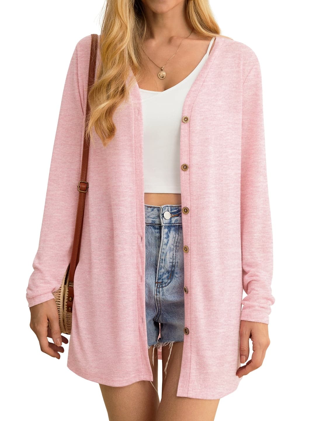 Women's Cardigan Lightweight Open Front Cardigan Sheer Long Sleeve Button Down Loose Knited Cardigan Pink Large