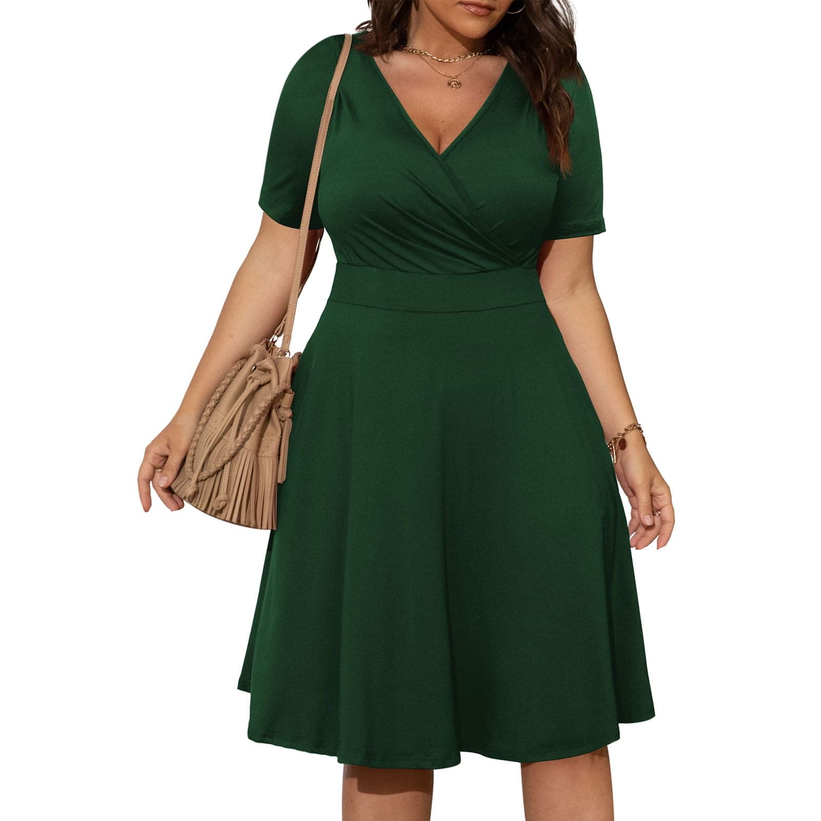 Christmas Formal Dresses for Women 2023 Elegant Classy Womens Casual Plus Size V-Neck Solid Short Sleeve Boho Dress Swing Dress with Pockets