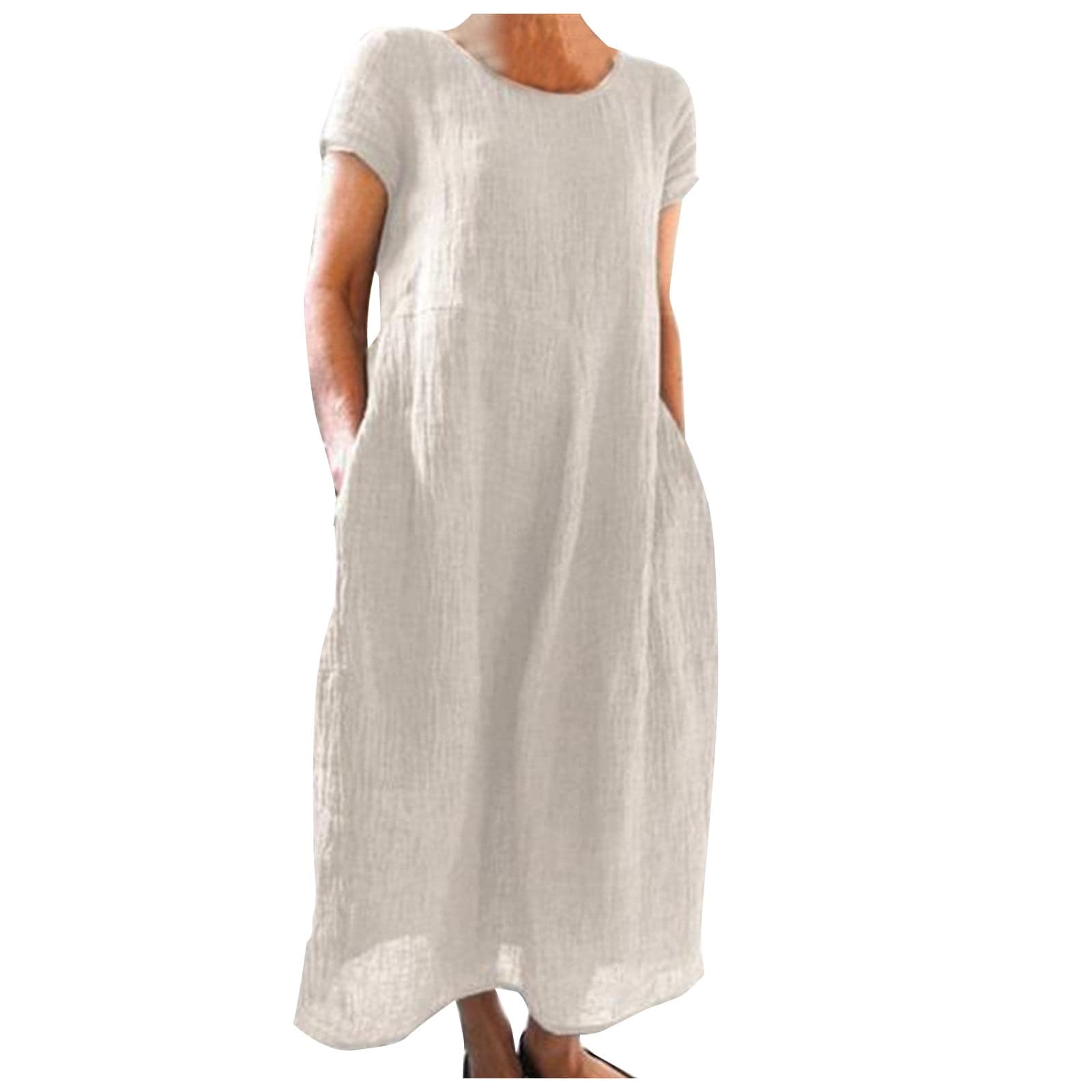 Women Dress Comfortable Loose Solid Color Cotton Linen Short Sleeve Long Dress Ladies Summer Beach Vintage Sundress
