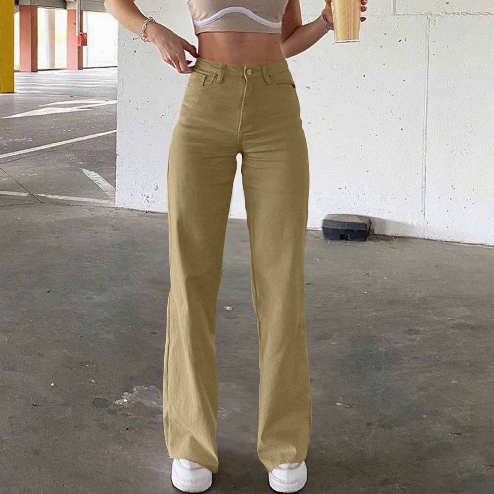 Bell Bottom Jeans for Women High Waisted Stretch Flare Pants 5 Button Skinny Boot Cut Jean Khaki