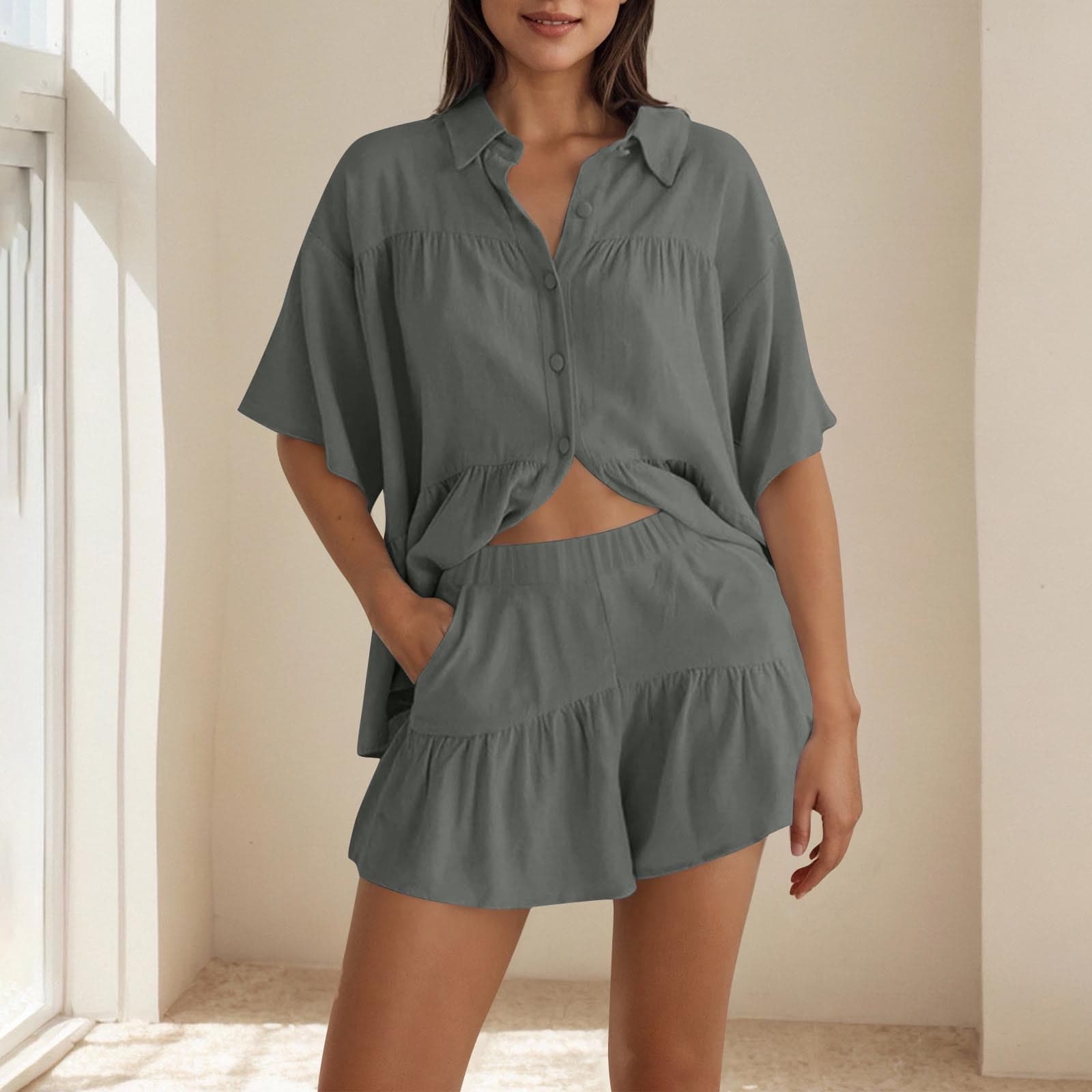 Womens 2 Piece Outfits Summer Ruffled Blouses and High Waist Shorts Matching Set, Casual Short Sleeve Button Down Shirts and Shorts Set Sweatsuits Lounge Tracksuit
