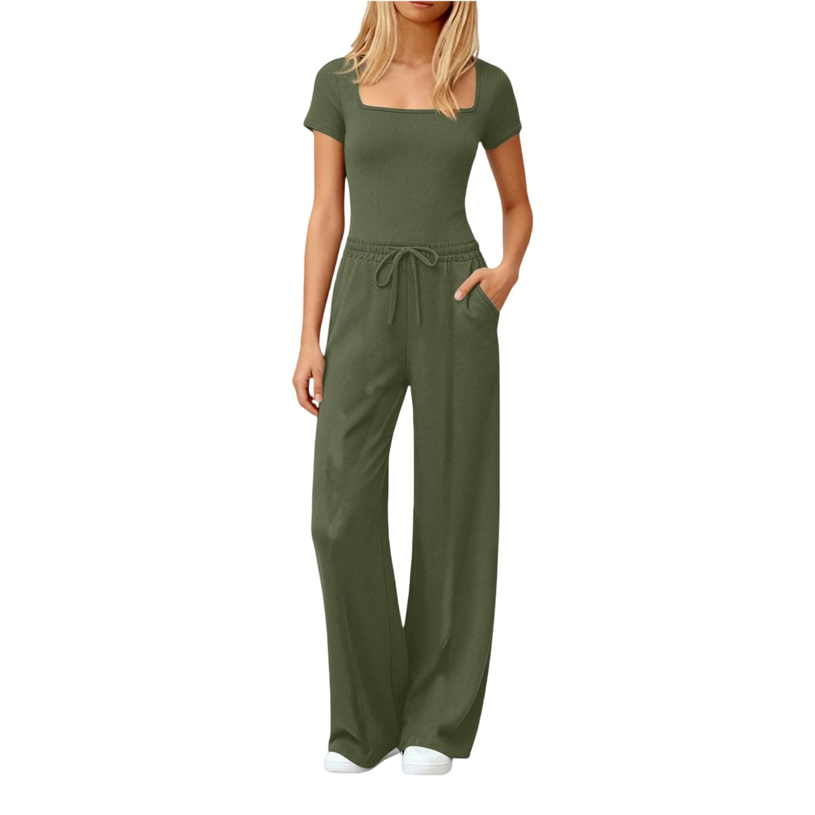 2 Piece Lounge Set Women Ribbed Knit Square Neck Tops and Pants Sets Short Sleeve Workout Fashion Sweatsuit Basic Soft Spring Loungewear Sets Woman with Pockets, Army Green L