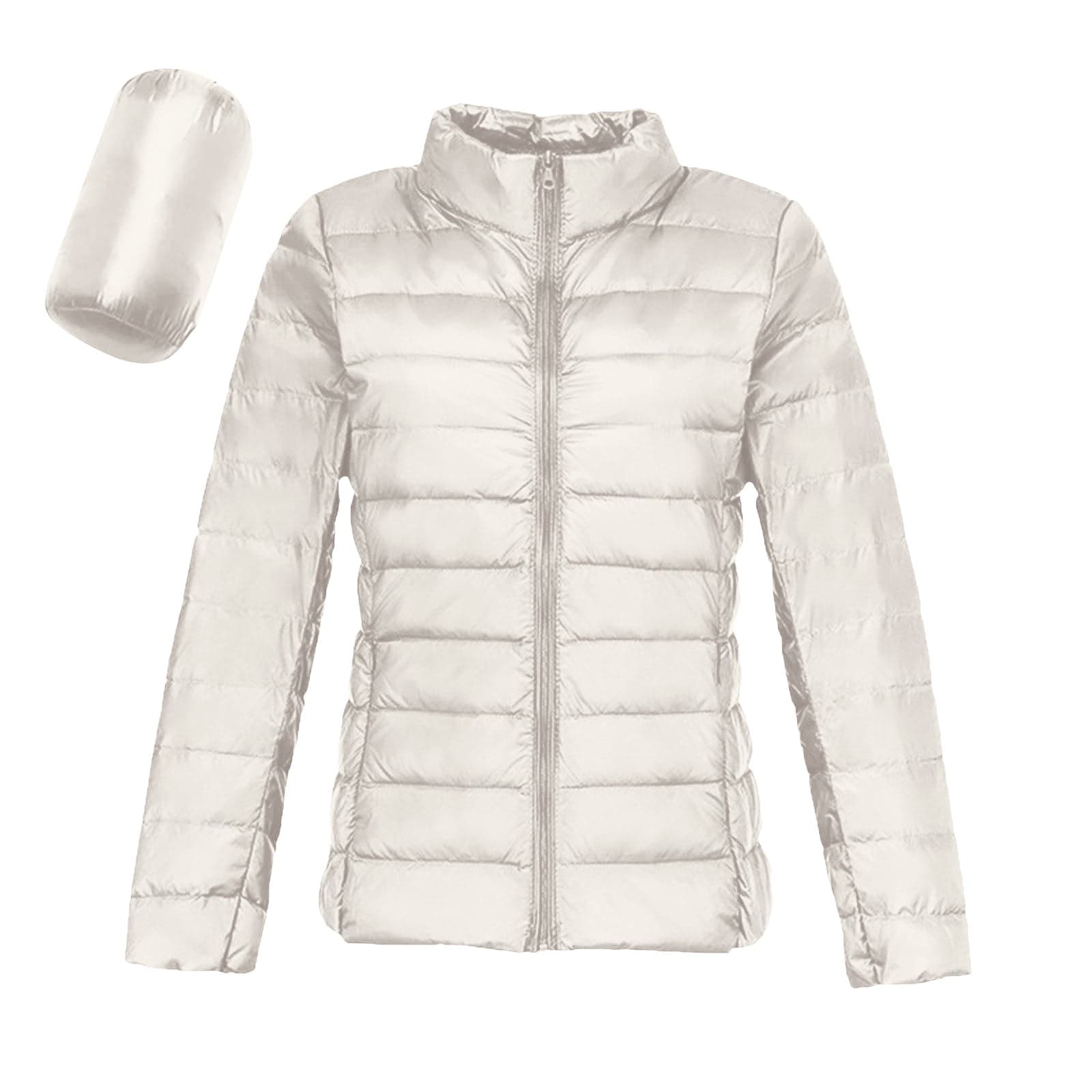 Light Down Jacket Womens Packable Stand Collar Full Zip Quilted Puffer Coat with Pockets Long Sleeve Solid Color (M, White)