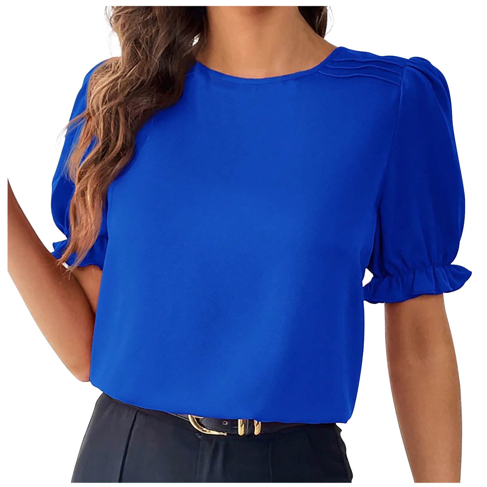 Women's Short Sleeve Tops Casual Dressy Solid Color Loose Breathable Ruffle Edge Sleeve Blouse Size M Blue