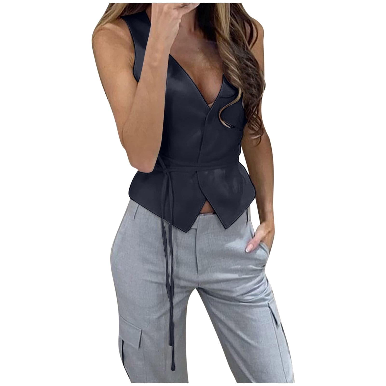 Womens Waistcoat Vest Sleeveless Blazers Dressy Casual V Neck Button Up Work Office Suit Vests with Belt