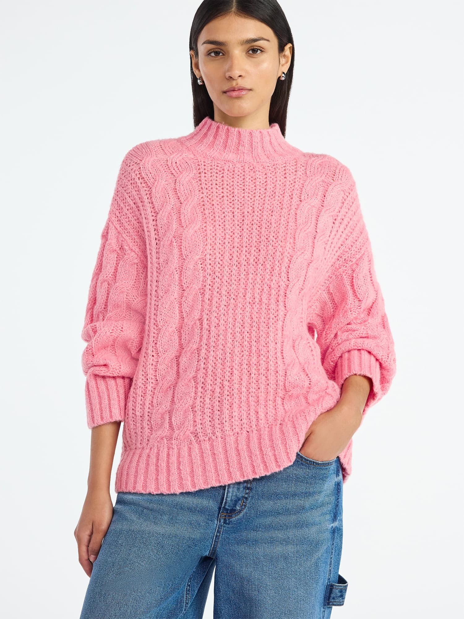 Women's Oversized Cable Knit Sweater, Midweight, Size XS-XXL