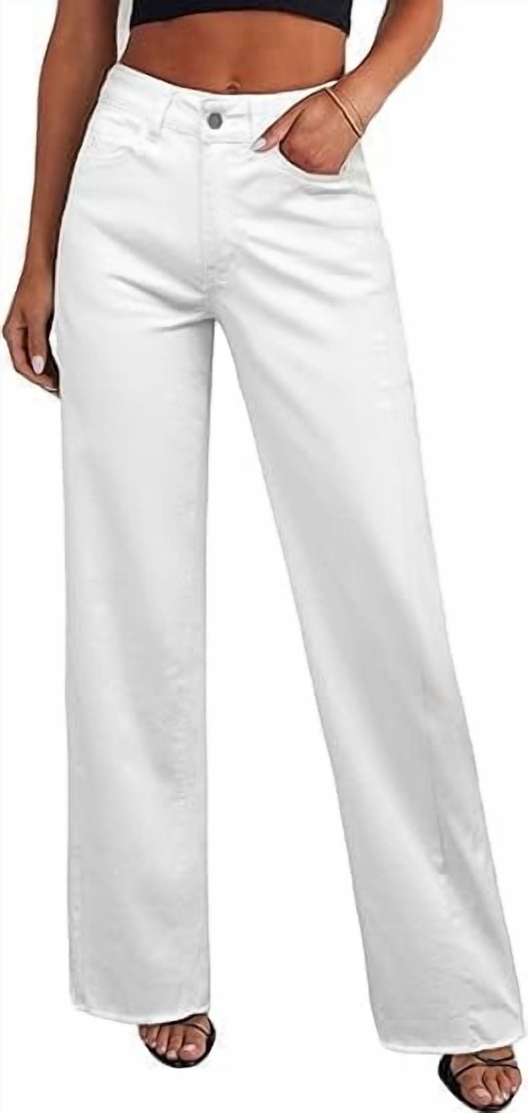 Wide Leg Jeans for Women Trendy High Waisted Stretchy Baggy Raw Hem Denim Palazzo Pants with Pockets