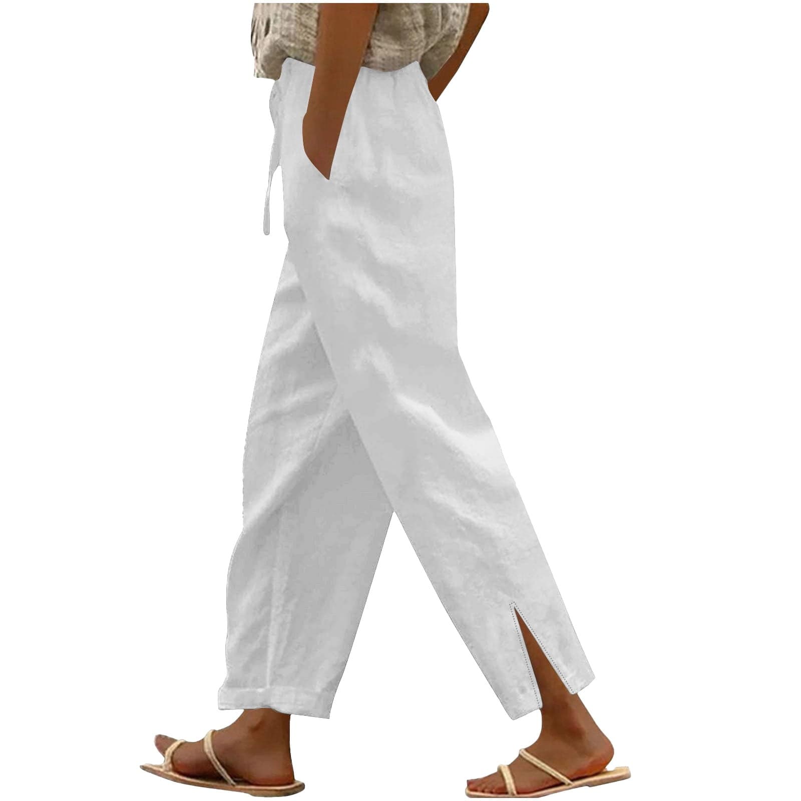 Womens Linen Pants Lightweight Casual Wide Leg Elastic Waist Lounge Pants for Women with Pockets