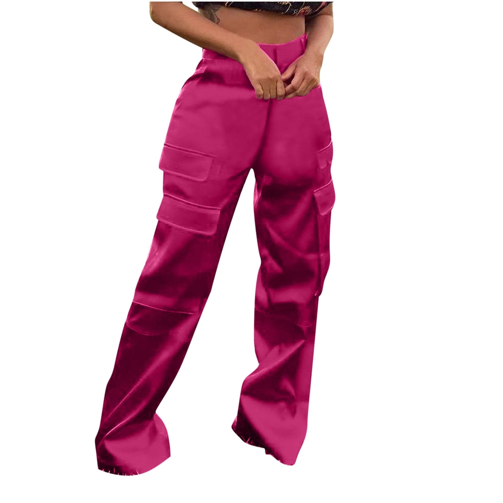 Women High Waisted Satin Cargo Pants Wide Leg Casual Pants Multi Pockets Straight Trousers