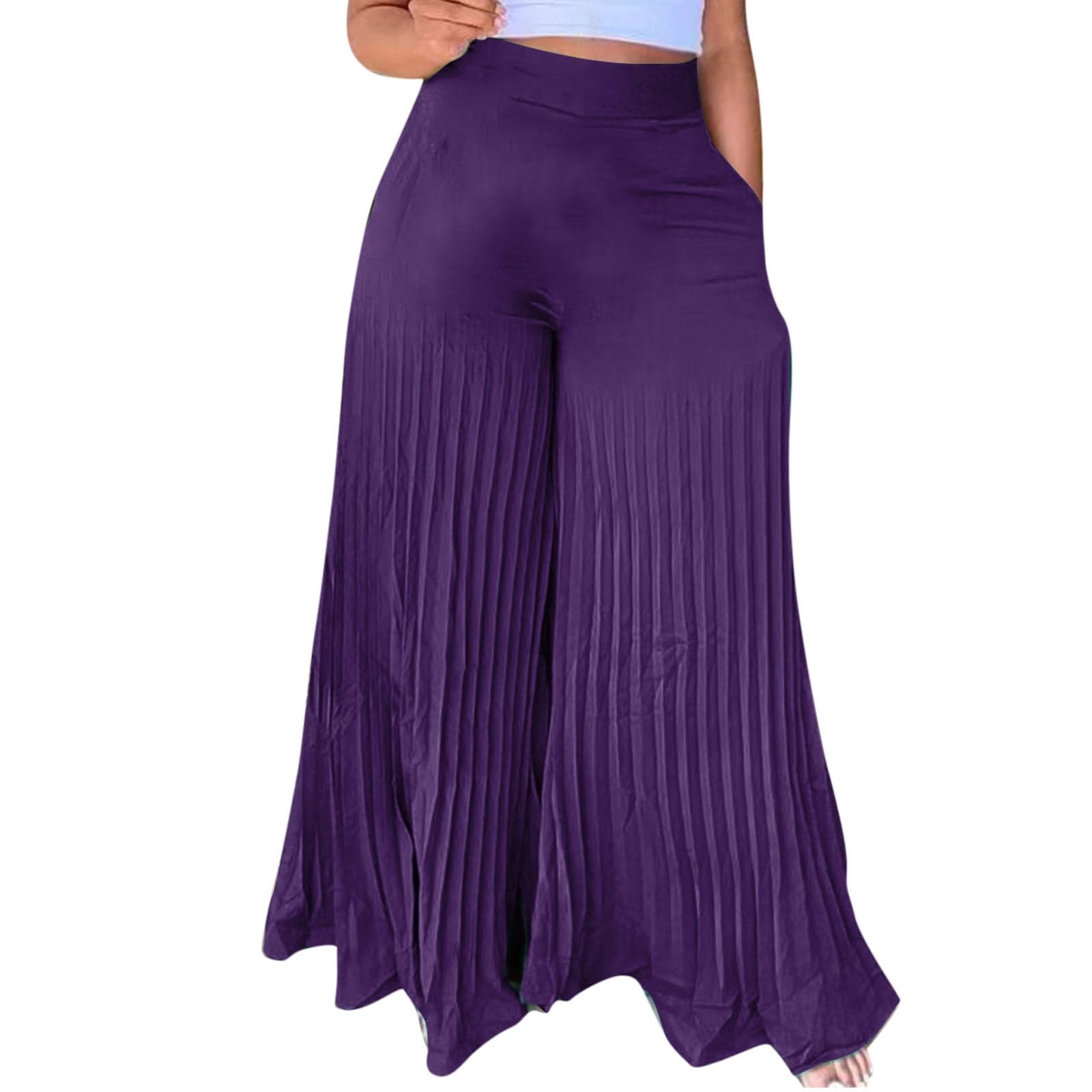 Womens Wide Leg Pleated Palazzo Pants with Pockets High Waisted Chiffon Flowy Flare Trousers Clubwear(Purple,S)
