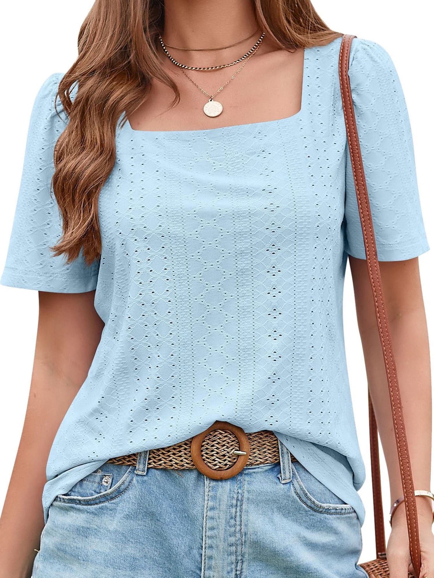 Summer Tops for Women Square Neck Shirts Summer Short Sleeve Tshirt Fashion Eyelet Blouse Casual Solid Color Shirt Loose Blue Tunic Plus Size XXL