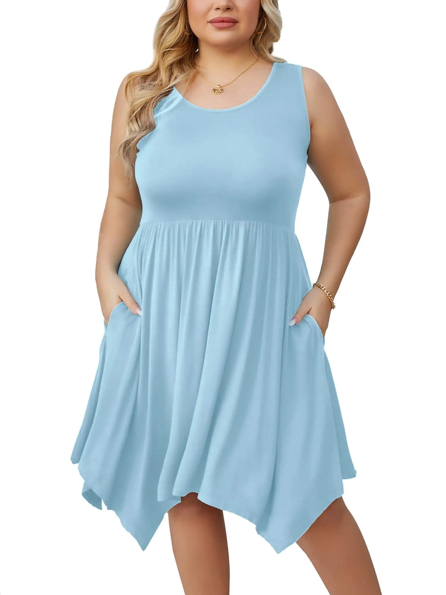 Women Plus Size Dress Sleeveless Summer Dress Irregular Hem Casual Midi Dress Plain Pleated Scoop Neck Flowy Tank Dresses with Pockets, US Size 3X in Light Blue