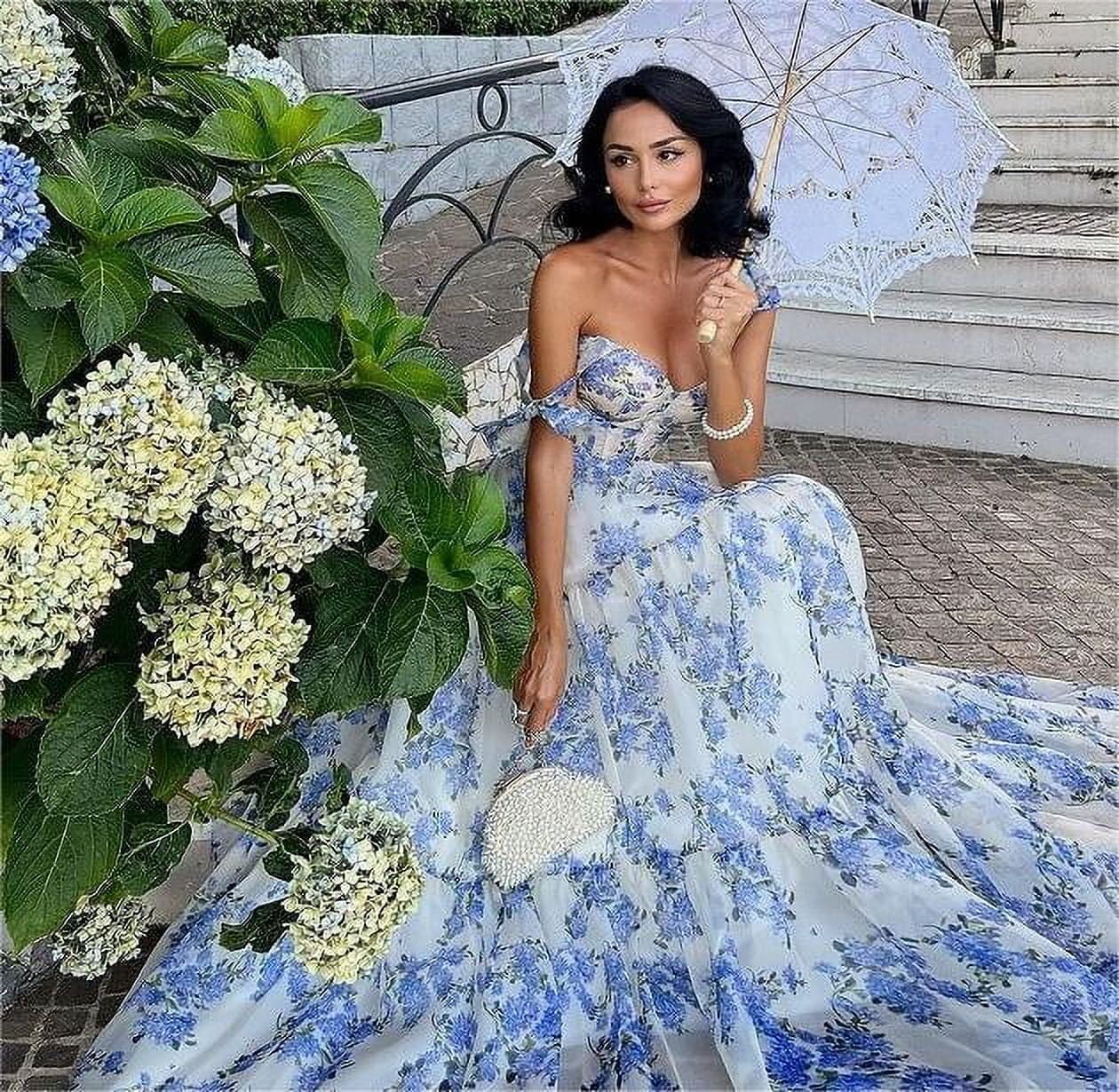 Summer Bohemian Floral Dresses for Women Spaghetti Straps Maxi Dress Casual Flowy Dresses Floral Off-the-shoulder Strap Lace-up Large Swing Skirt Organza Dress