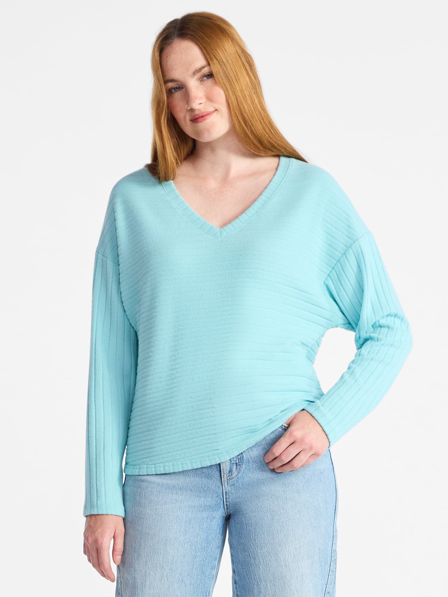 Women's Ribbed Hacci Knit V Neck Top with Long Sleeves, Sizes XS-XXXL