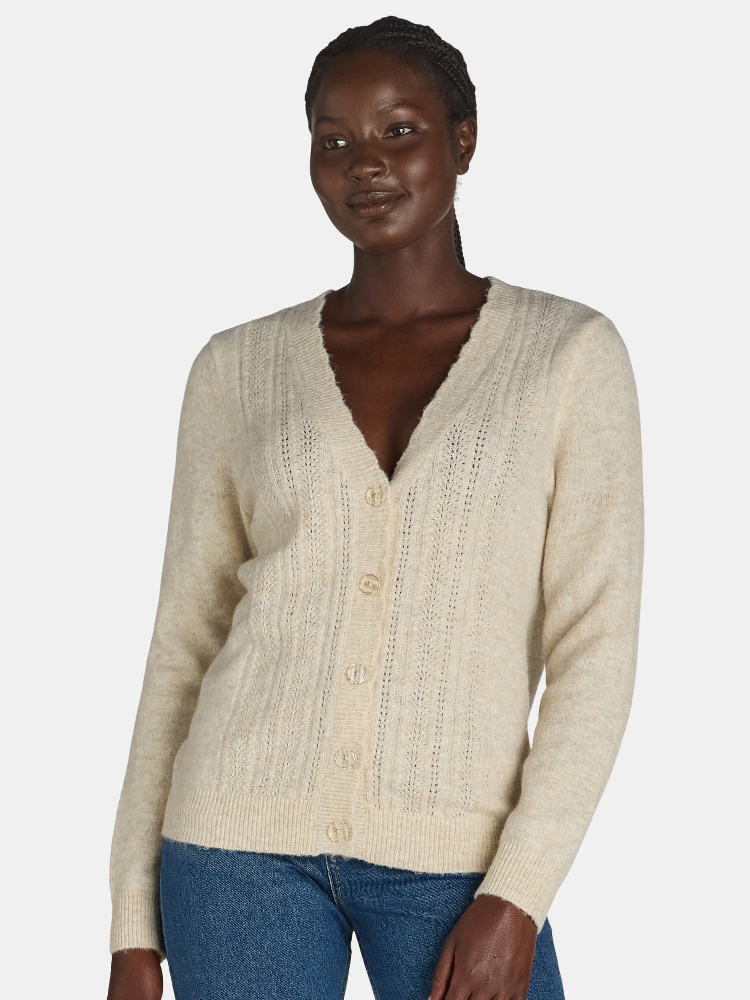 V-Neck Pointelle Cardigan Sweater, Lightweight, Women's