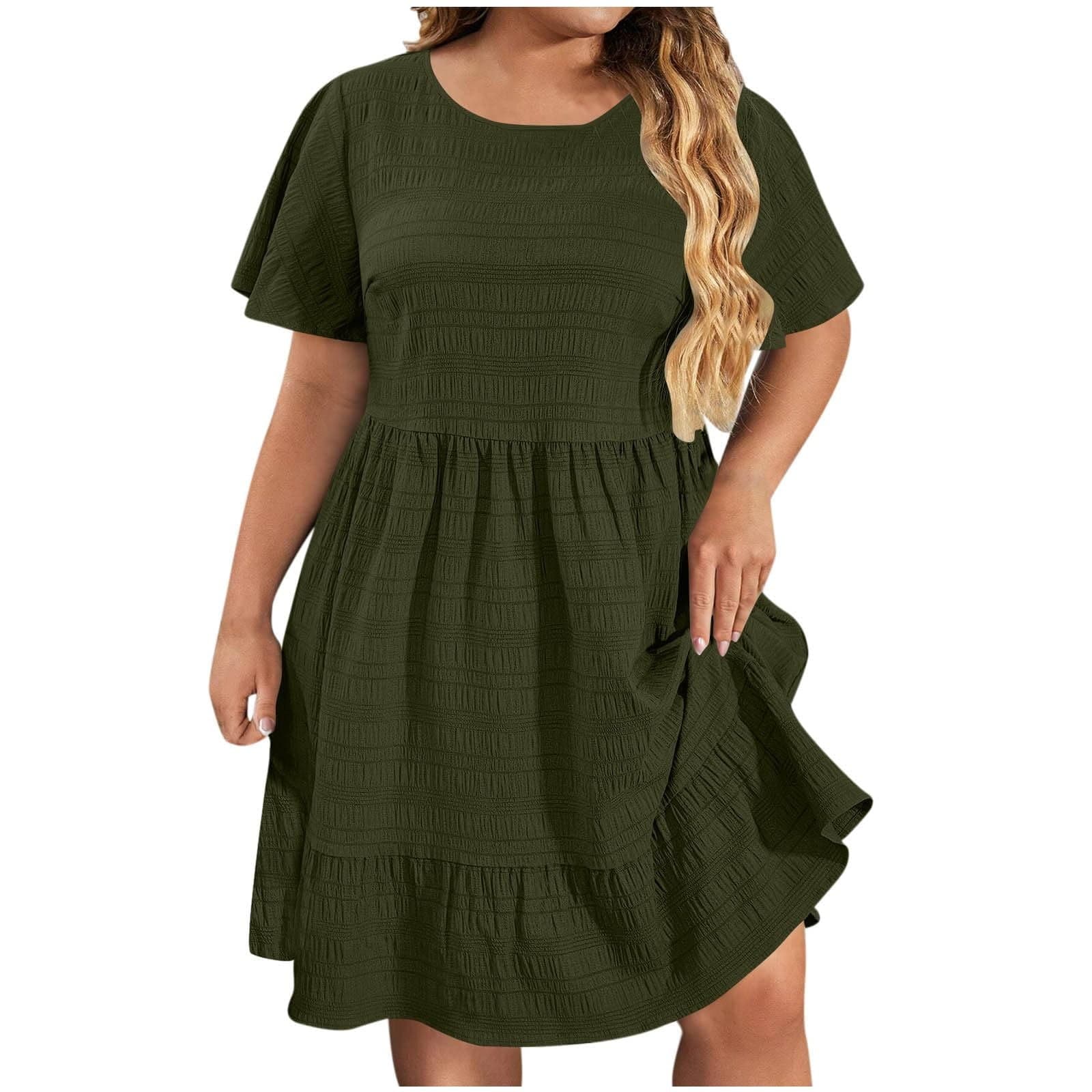 Swing Dresses for Curvy Women Formal Plus Size Crew Neck Cotton Linen Smock Beach Dresses Oversized Short Sleeve Modest T Shirts Dresses Army Green 3XL