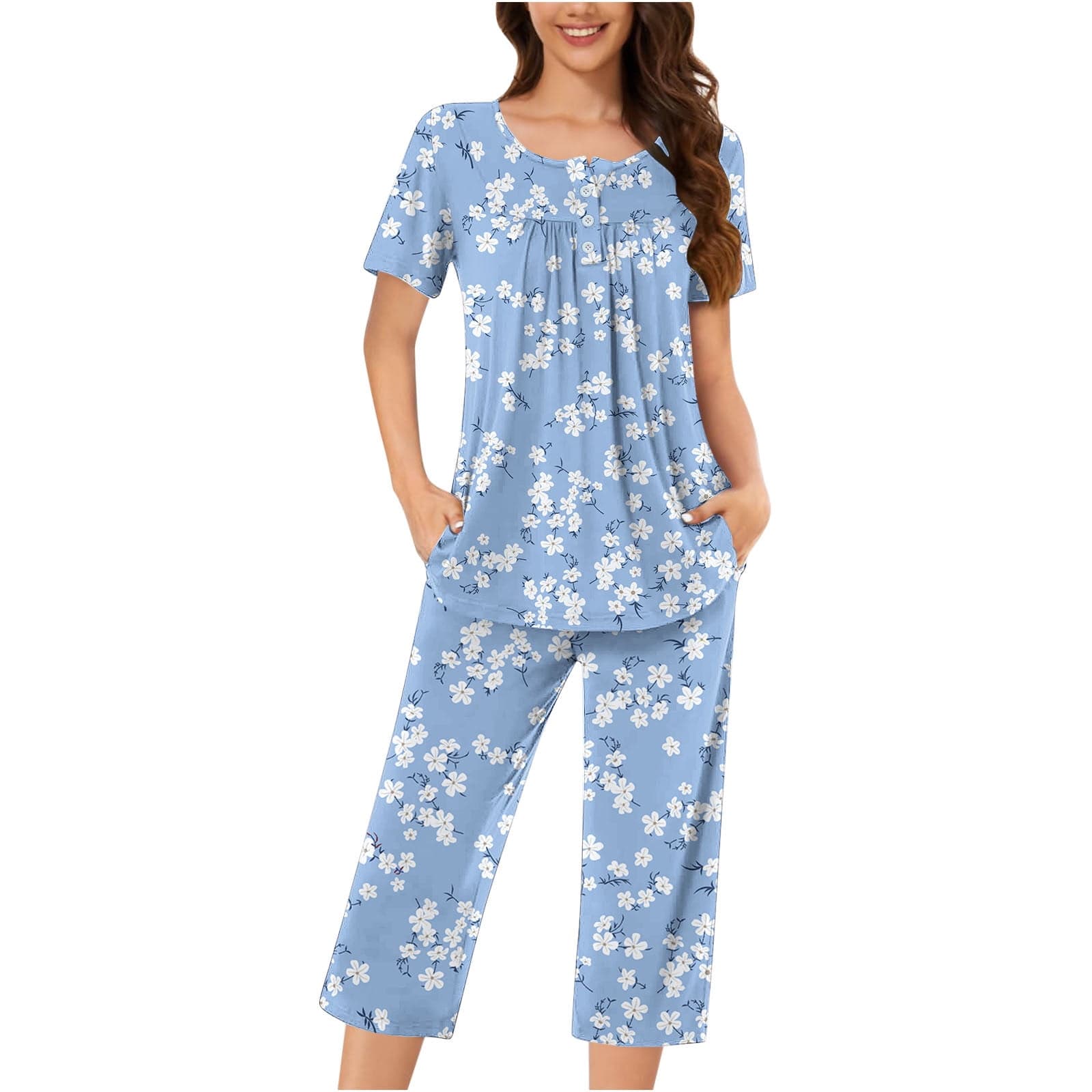 Women's Summer Floral Print Henley Sleepwear Set - Button-Up Short Sleeve Top Capri Pants with Side Pockets Stretchy Pajamas Set Loungewear (S-3XL)