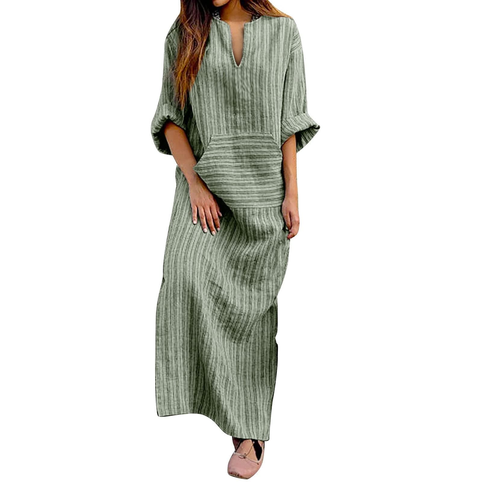 Womens Striped Cotton Linen Kaftan Dress V Neck Casual Loose Lightweight Summer Vintage Maxi Dress Green L
