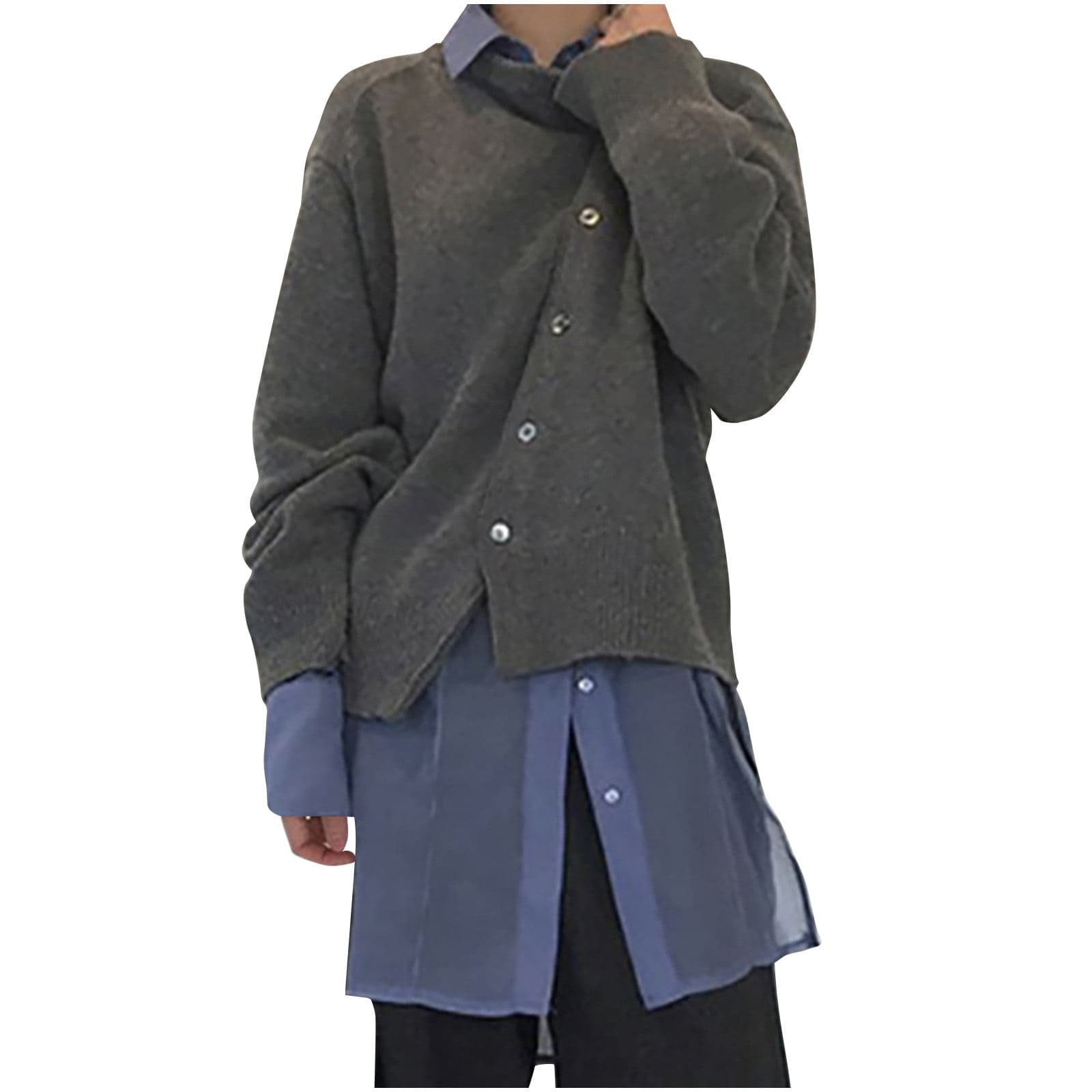 Women's Knit Cardigan Coat Long Sleeve Button Up Asymmetrical Sweater Jacket Elegant Solid Loose Fit Cardigan Outwear Gray S
