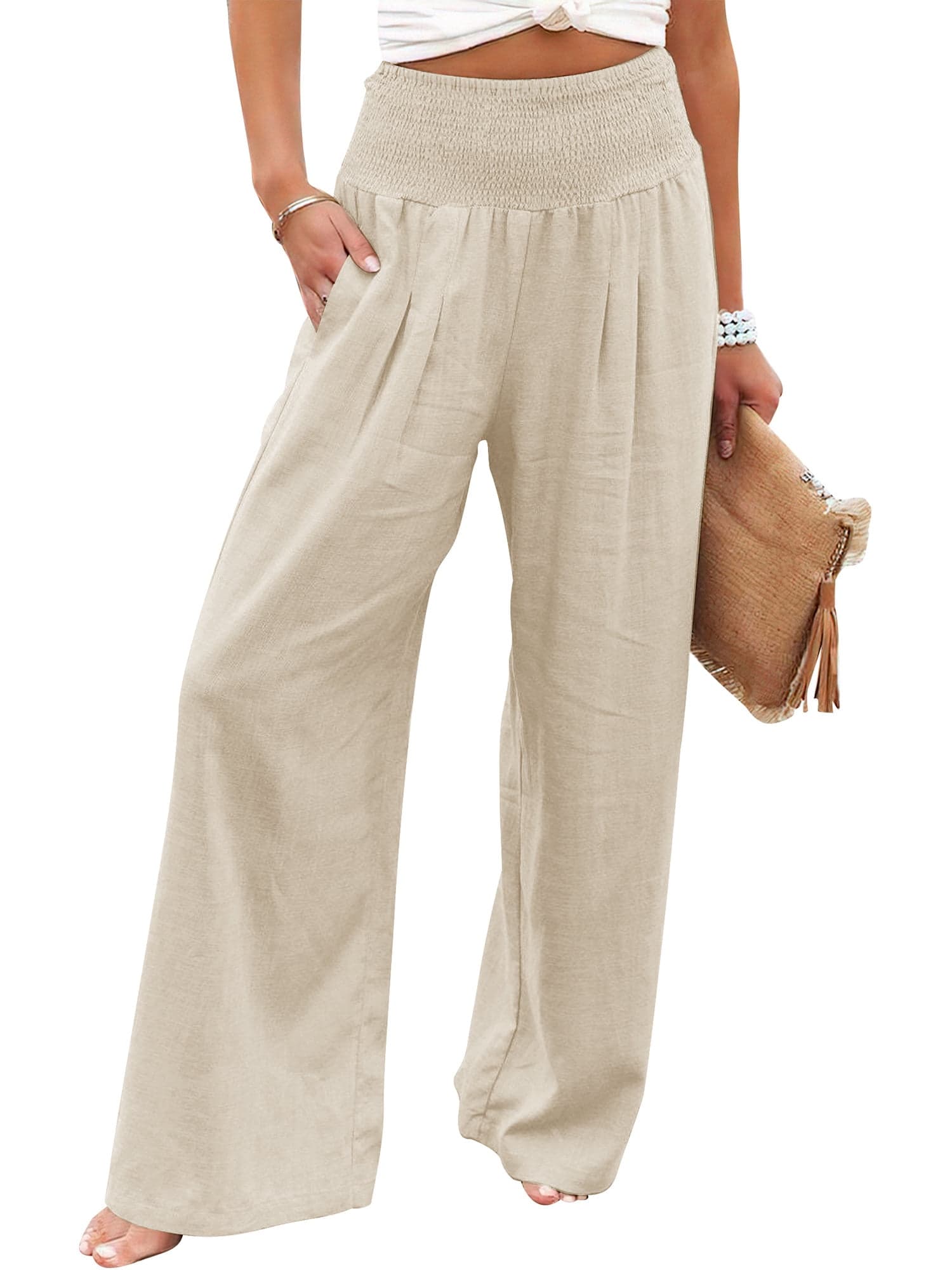 Women's Casual Wide Leg Pants Summer Boho High Waisted Beach Palazzo Trousers Flowy Lounge Pant Size XL