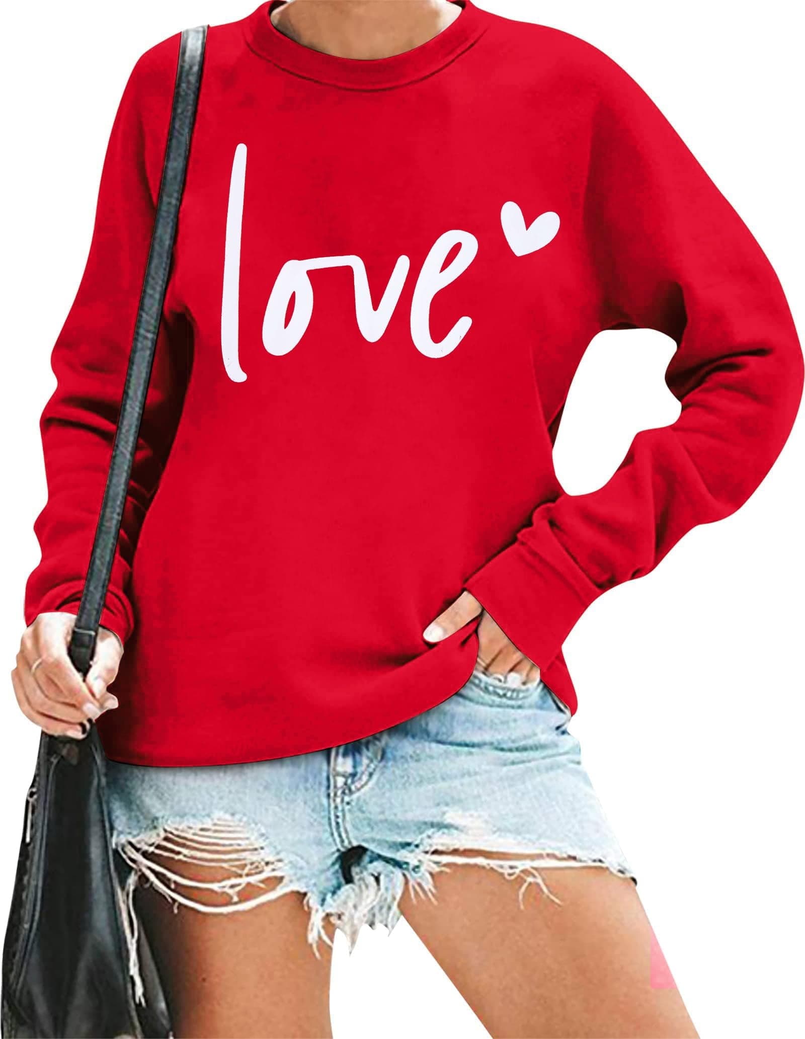 Women Valentine's Day Love Heart Graphic Sweatshirts Crew Neck Long Sleeve Pullover Casual Blouse Tops
