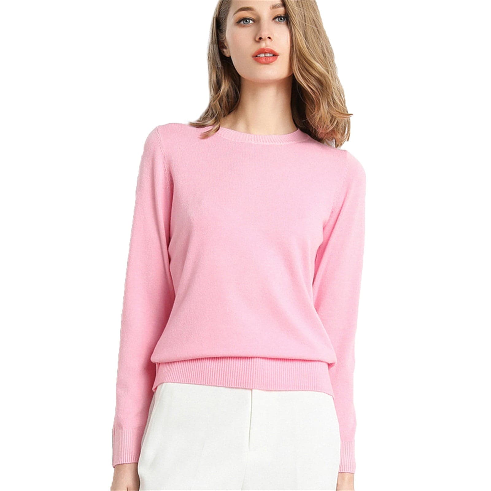 Womens Sweaters, Women's New Round Neck Long Sleeve Loose Pullover Solid Knit Bottom Shirt, Sweaters for Women, Winter Jackets for Women, Pink XL