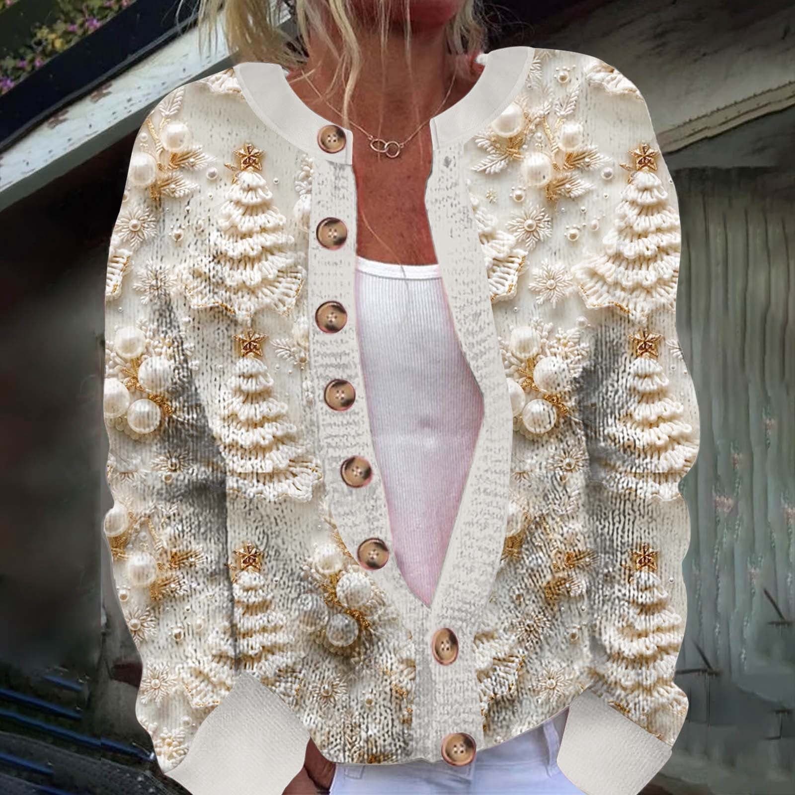 Womens Cardigan Sweaters Crew Neck Button Down Loose Long Sleeve Christmas Printed Jacket Casual Cozy 2025 Fall Winter Warm Trendy Womens Sweaters Beige XXL