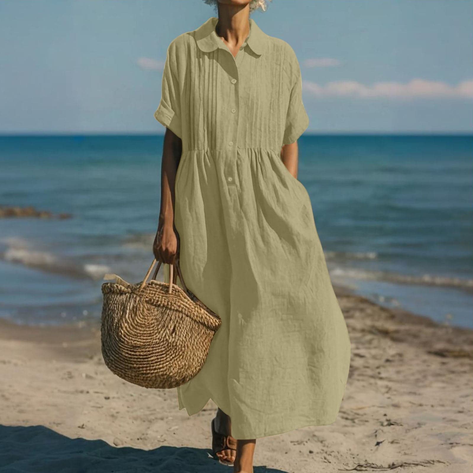 Summer Casual Dresses for Women with Pocket Turndown Collar Comfortable Maxi Linen Dress Short Sleeve Swing Button Dress Beige M