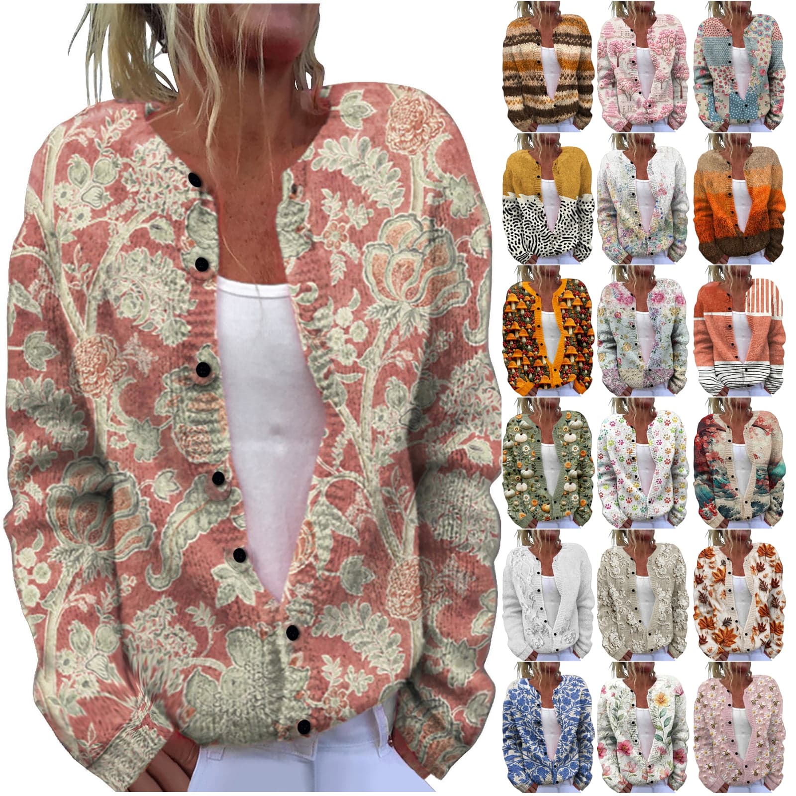 Floral Pattern Print Open Front Cardigan Sweaters for Women Plus Size Fall Winter Long Sleeve Dressy Casual Button Down Jacket Tops Loose Overszied Baggy Outwear Coat Multicolor#14 L