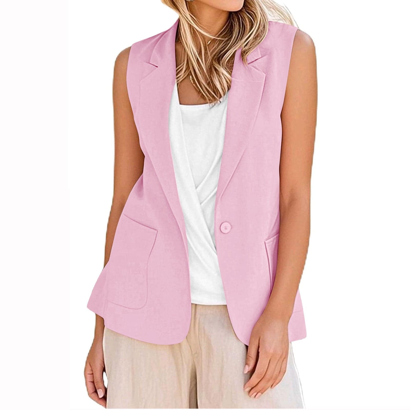 ZVNAH Women's Sleeveless Blazer Vest Summer Linen Tops Lightweight Fully-Lined Fashion Casual Work Office Blazers with Pockets