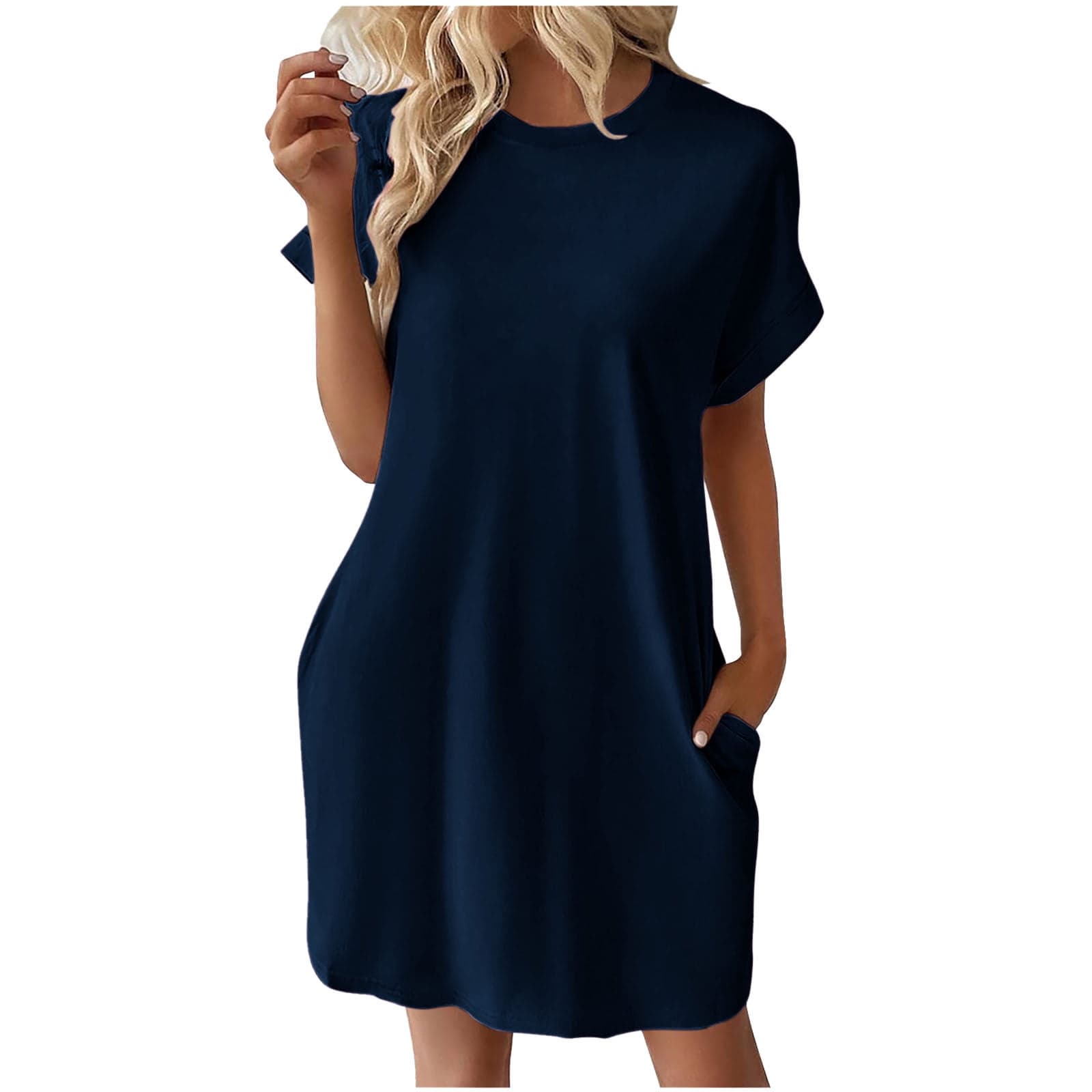 Womens Midi Dresses Crewneck Casual with Pockets Fashion Short Sleeve Dress for Ladies Solid Color
