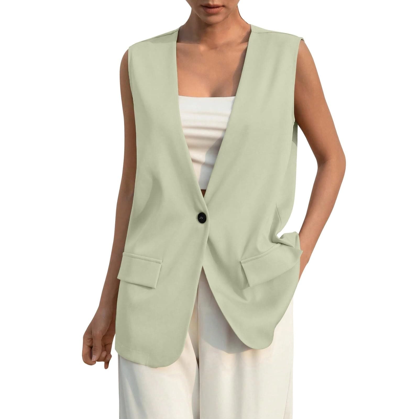 Women's Sleeveless Blazers Casual V Neck Solid Color Blazer Vests Single Button Lightweight Jackets for Office Business