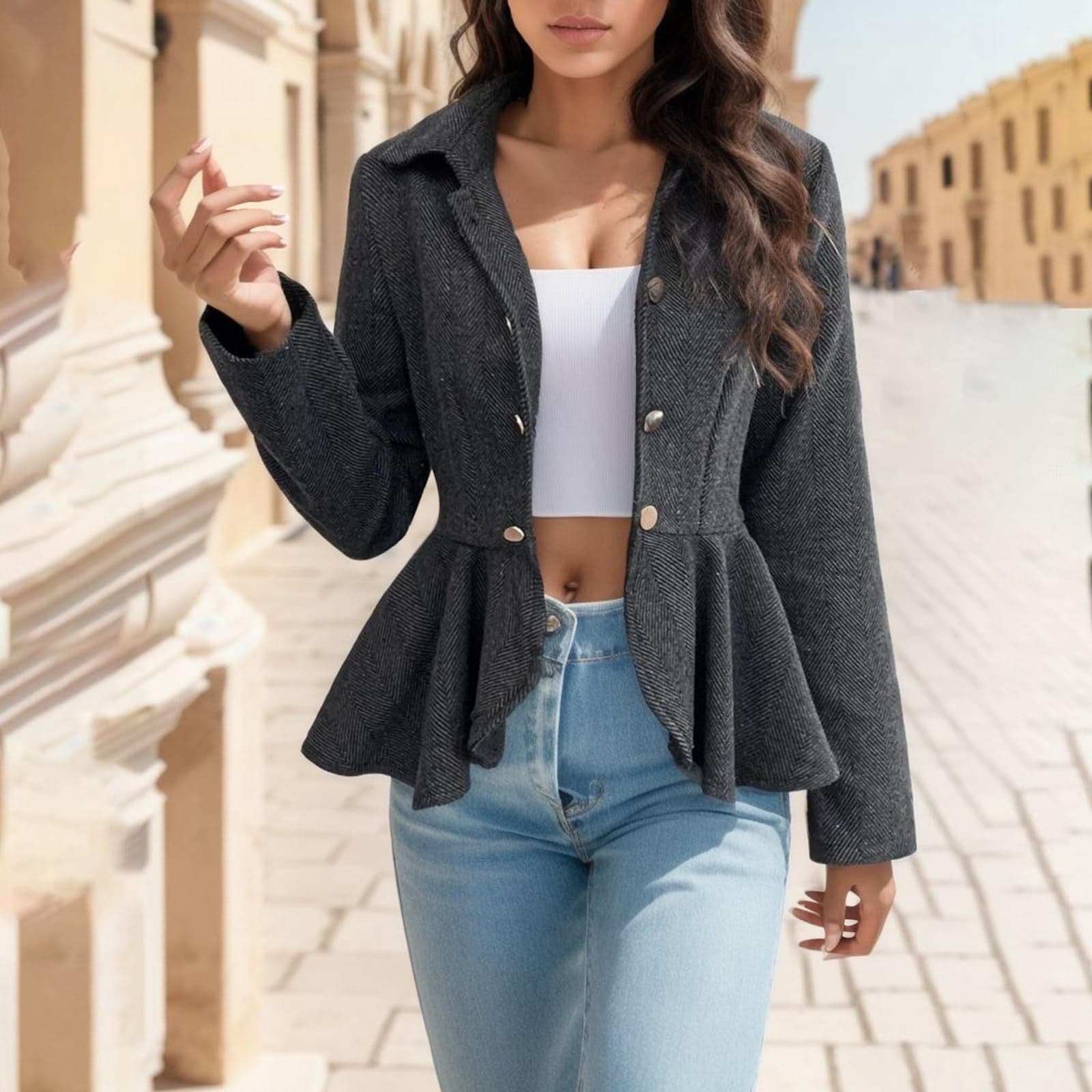 Clearance Womens Business Blazer, Solid Ruffles Stand Collar Button Lightweight Office Work Jacket Coat