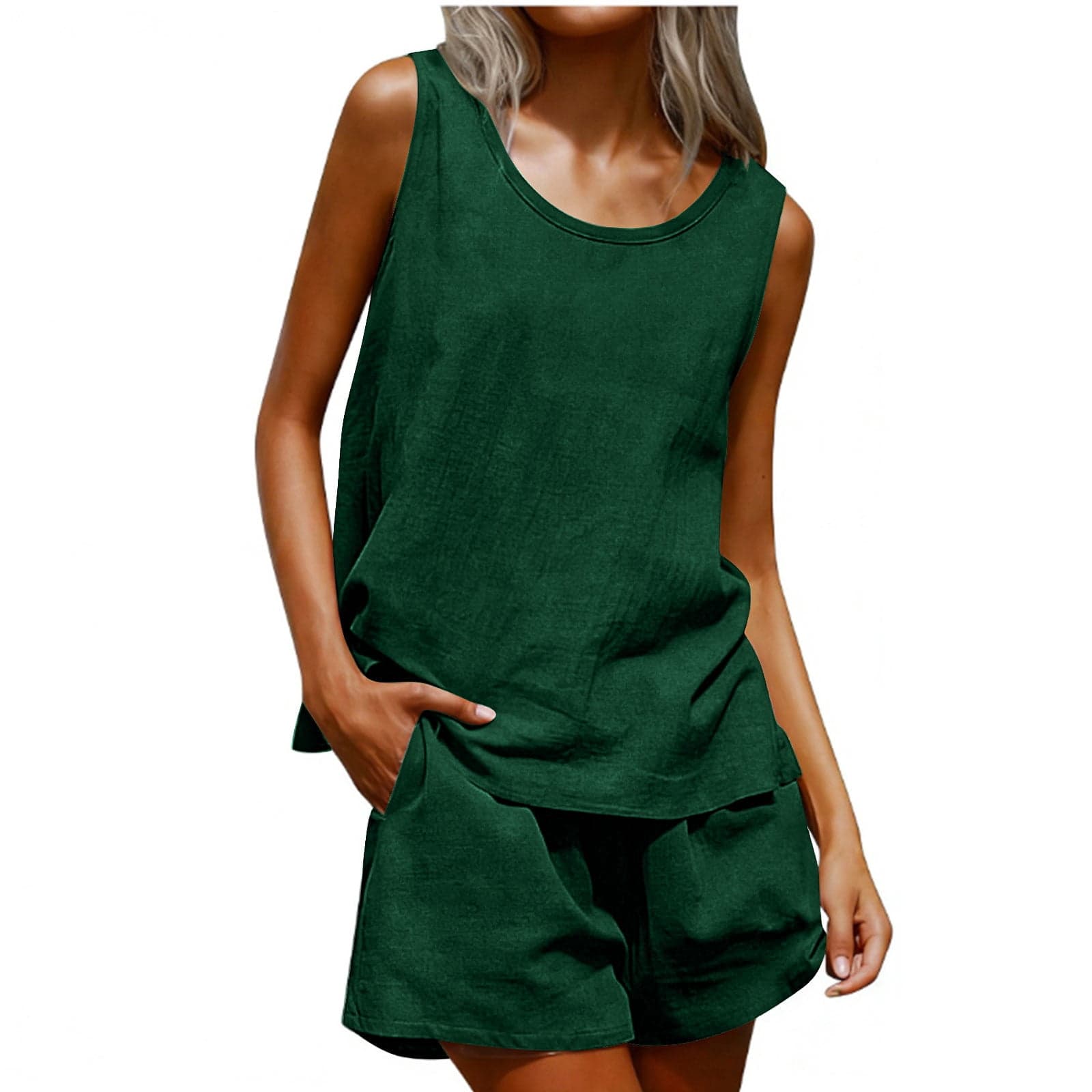 Women's Summer 2 Piece Outfits Sleeveless Tank Top Matching Shorts Sets Lounge Sets Beach Vacation Clothes Green
