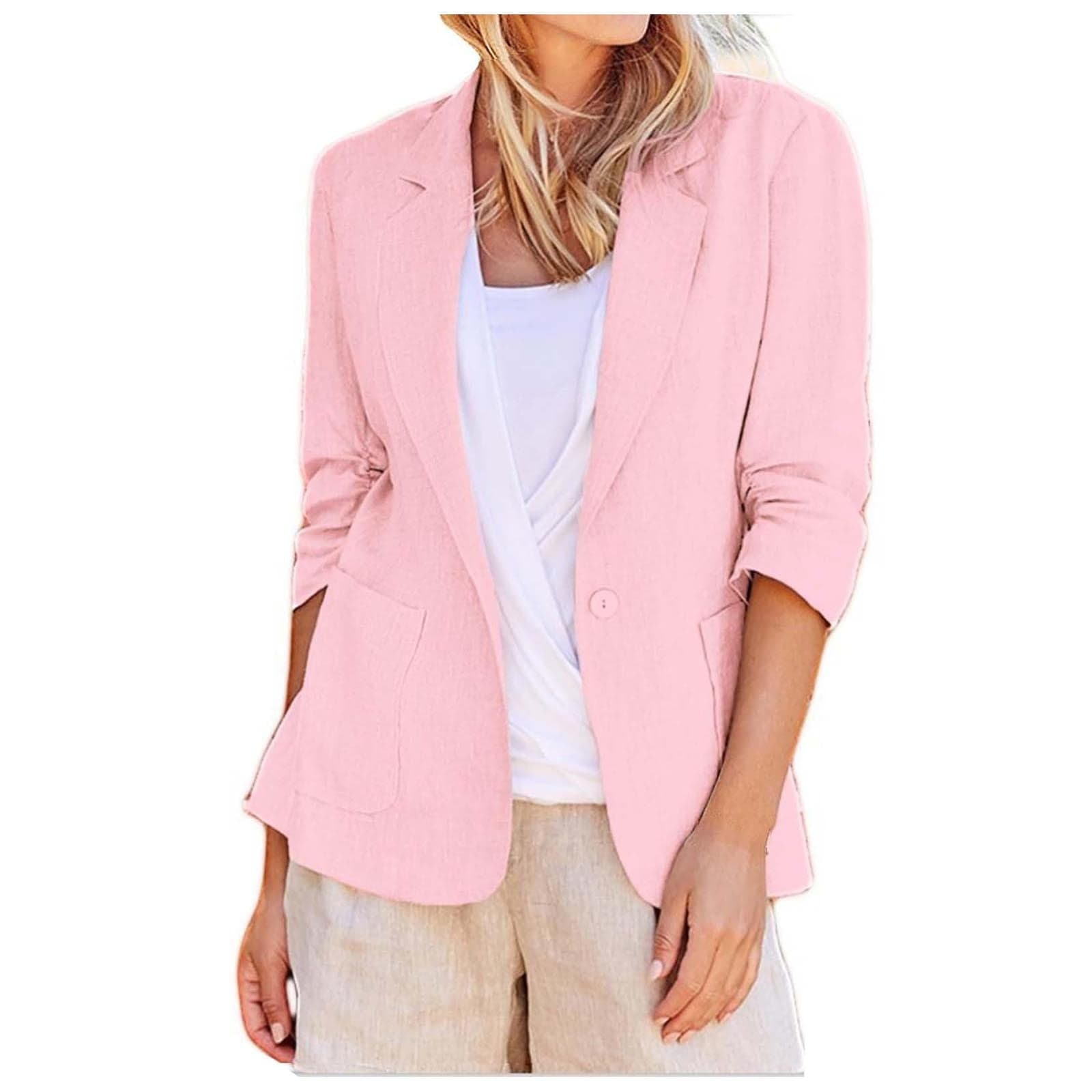 2025 Summer Linen Blazer Women Lightweight 3/4 Stretchy Ruched Sleeve Fully-Lined Casual Work Jacket with Pockets Light Pink, S