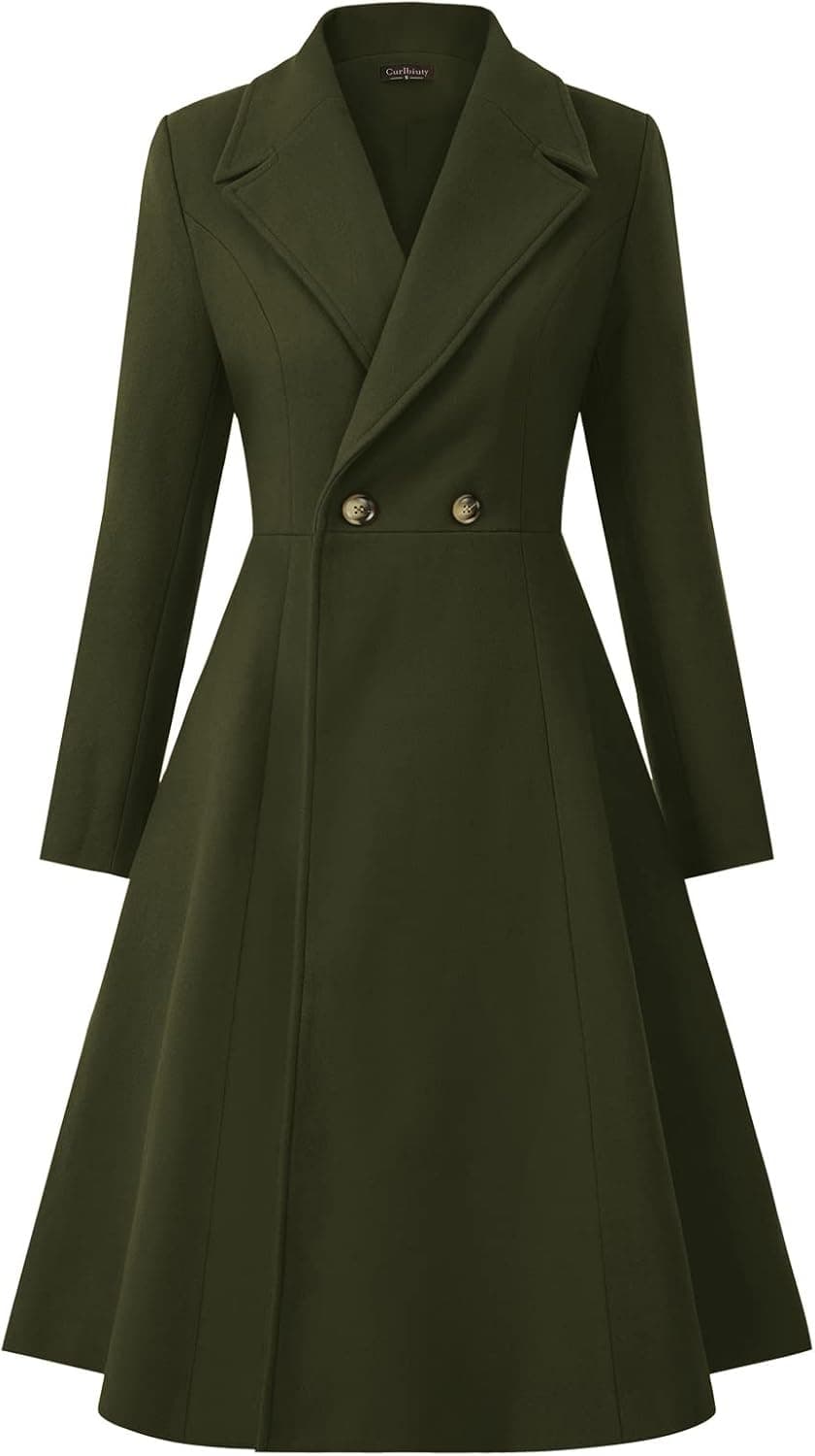 Women's Pea Coat Double Breasted A Line Long Trench Coat Winter Dress Coat with Pockets
