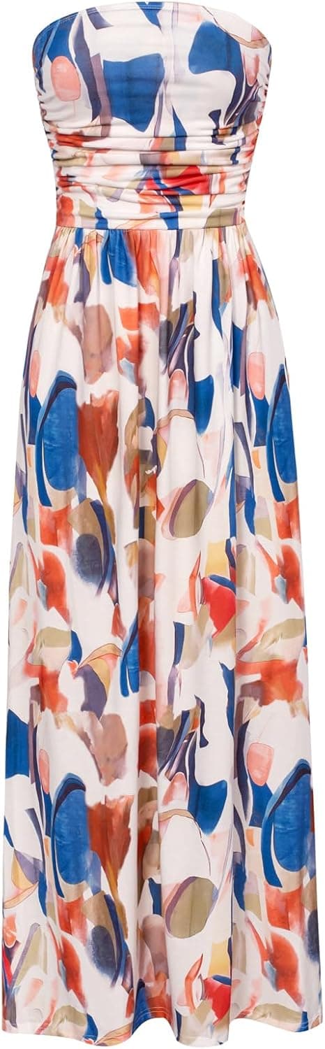 Women Strapless Dress Casual Loose Ruched Long Maxi Dress with Pockets