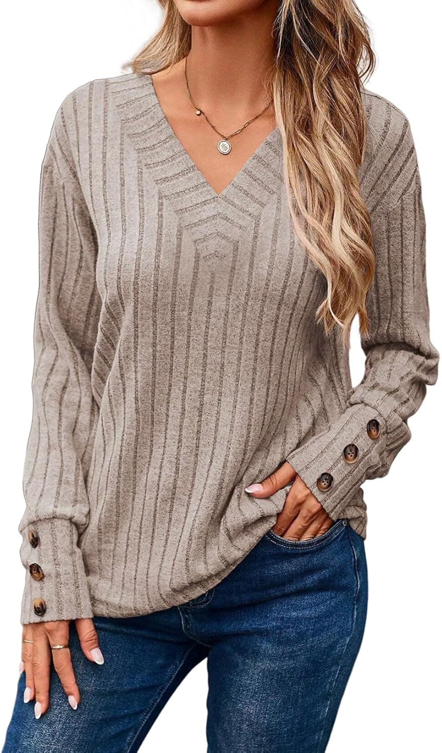 Womens Soft Long Sleeve V Neck Shirts Solid Casual Decorative Buttons Knitted Pullover Tunic Tops